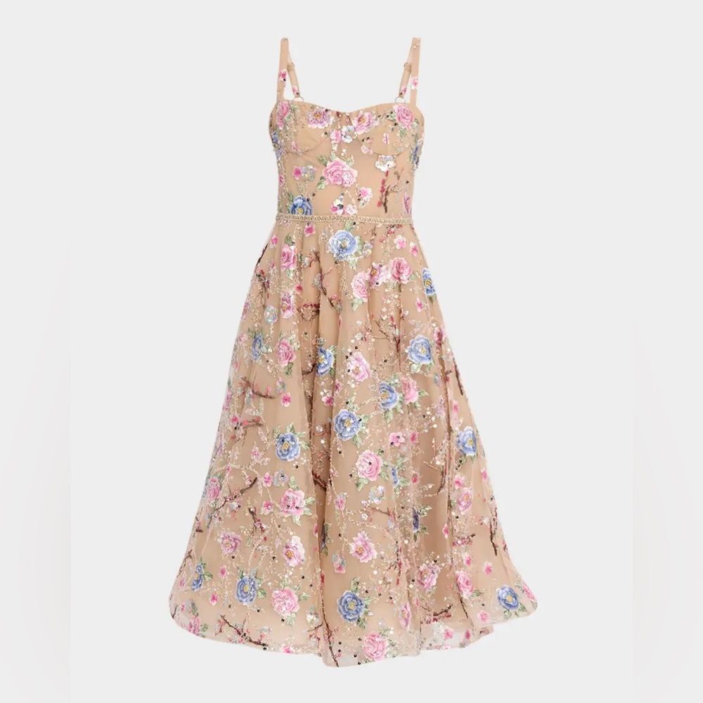NWOT BRONX AND BANCO Mademoiselle Embroidered Gold Multi Floral Midi Dress - Picture 4 of 15